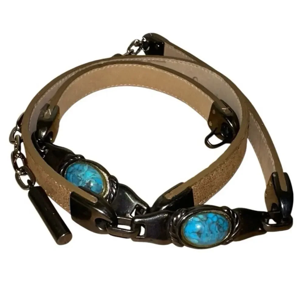 Elite Tan Faux Leather Skinny Chain Belt Turquoise Stone Western Boho Small‎